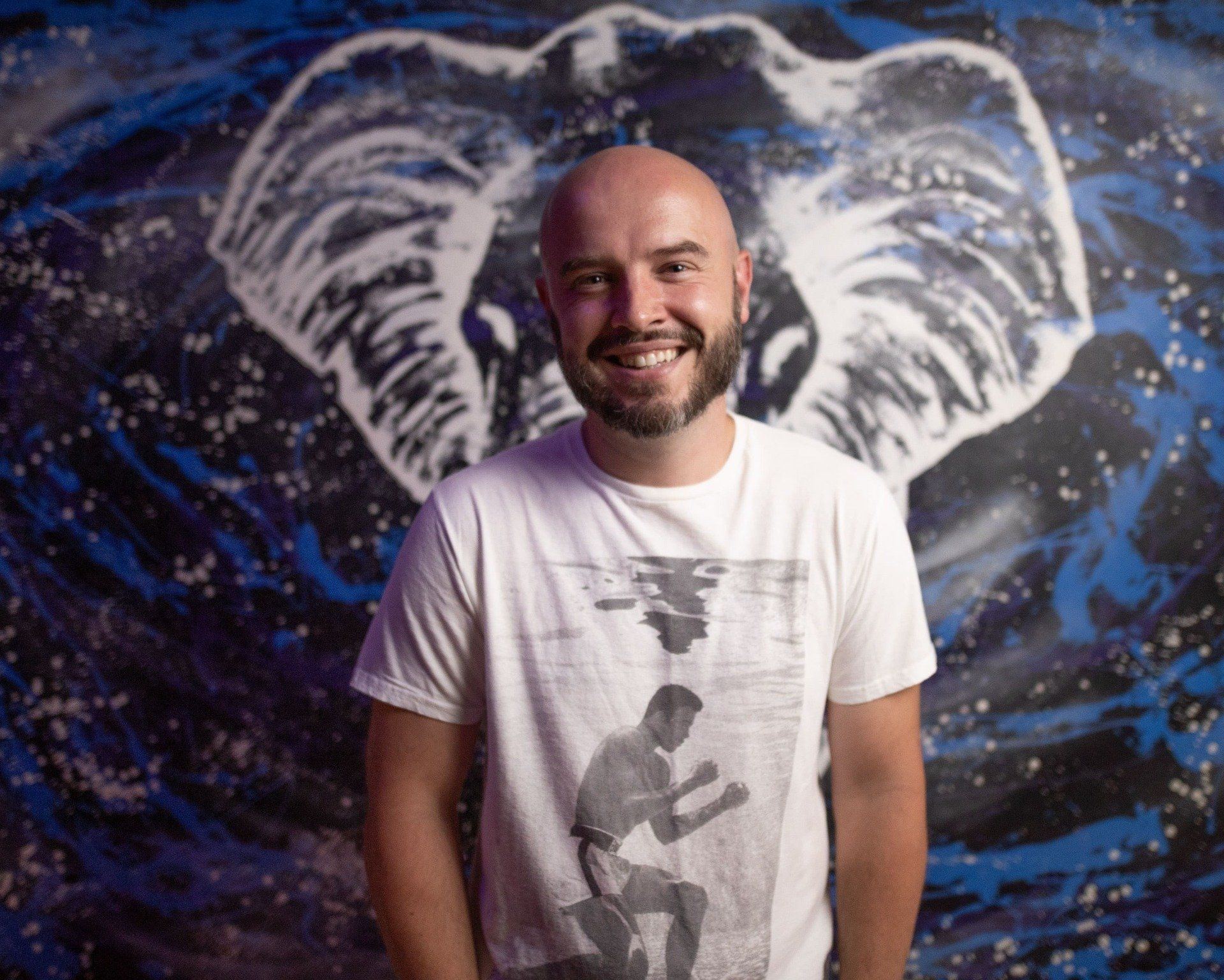 A bald man with a beard is smiling in front of a painting of an elephant.