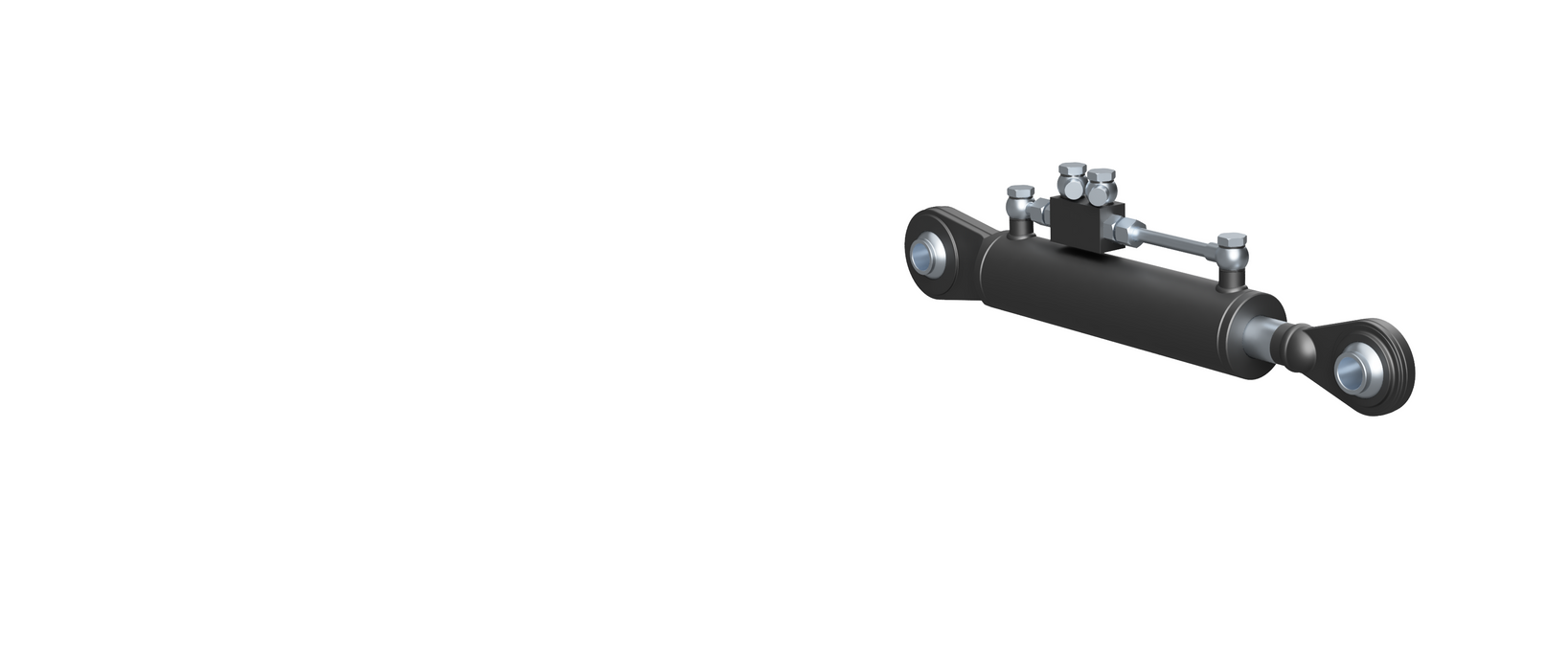 A close up render of a black hydraulic cylinder on a white background.