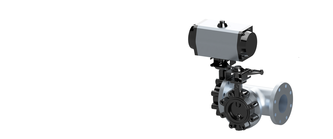 A close up render of a valve on a white background.