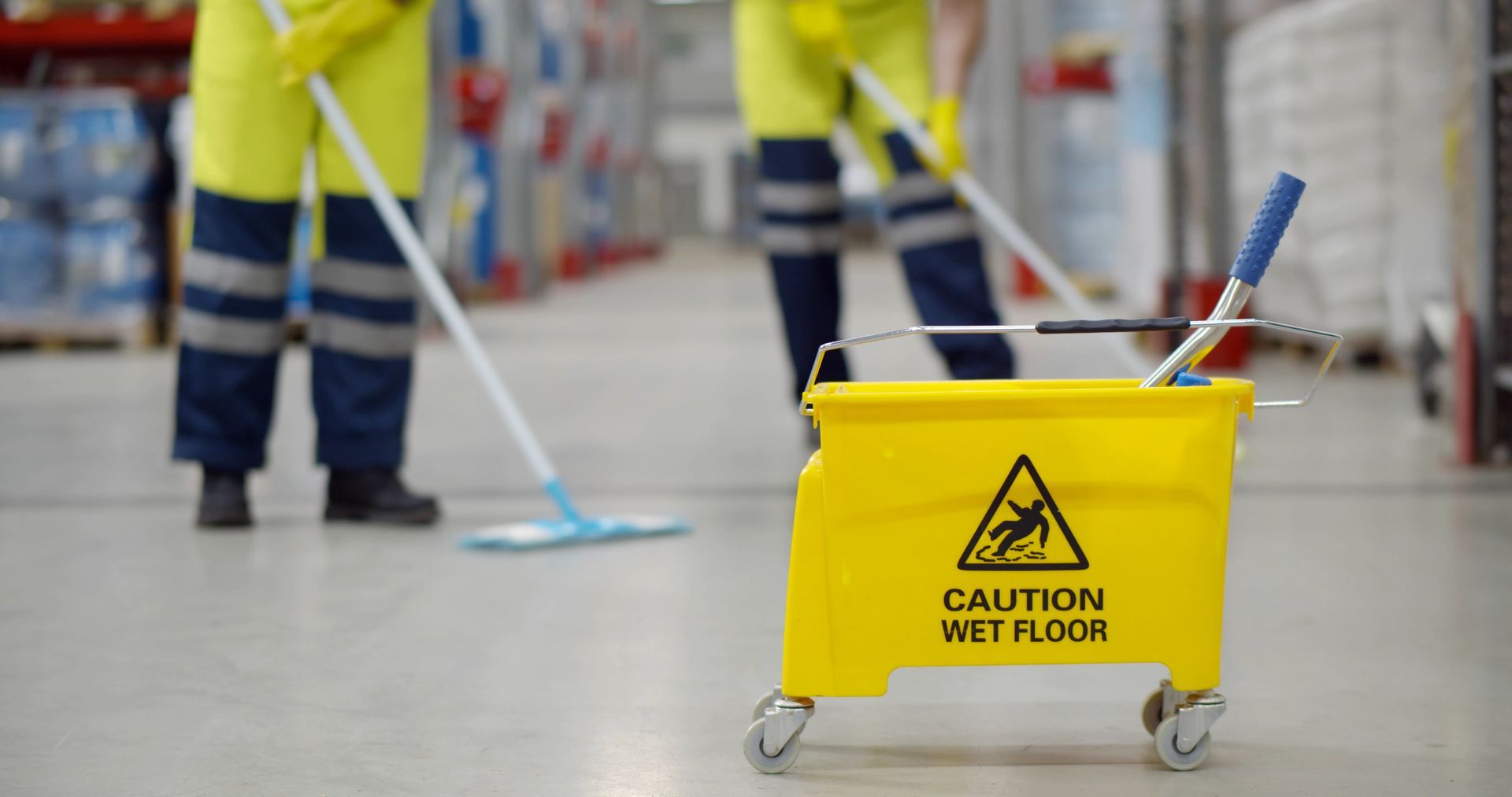 A woman is cleaning the floor with a mop and a cart.