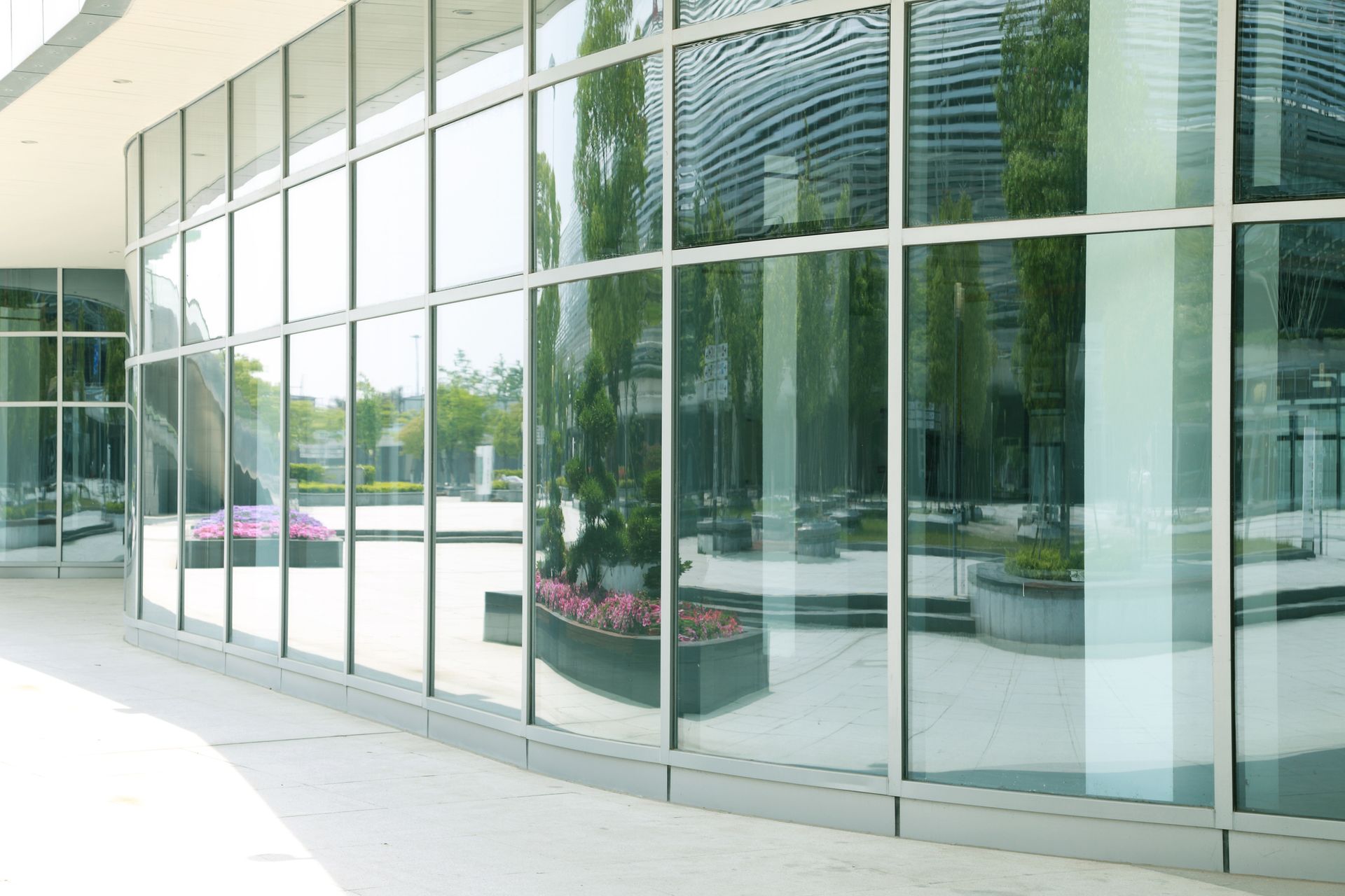 Curved glass wall of a modern building reflects trees and a sunny outdoor area.