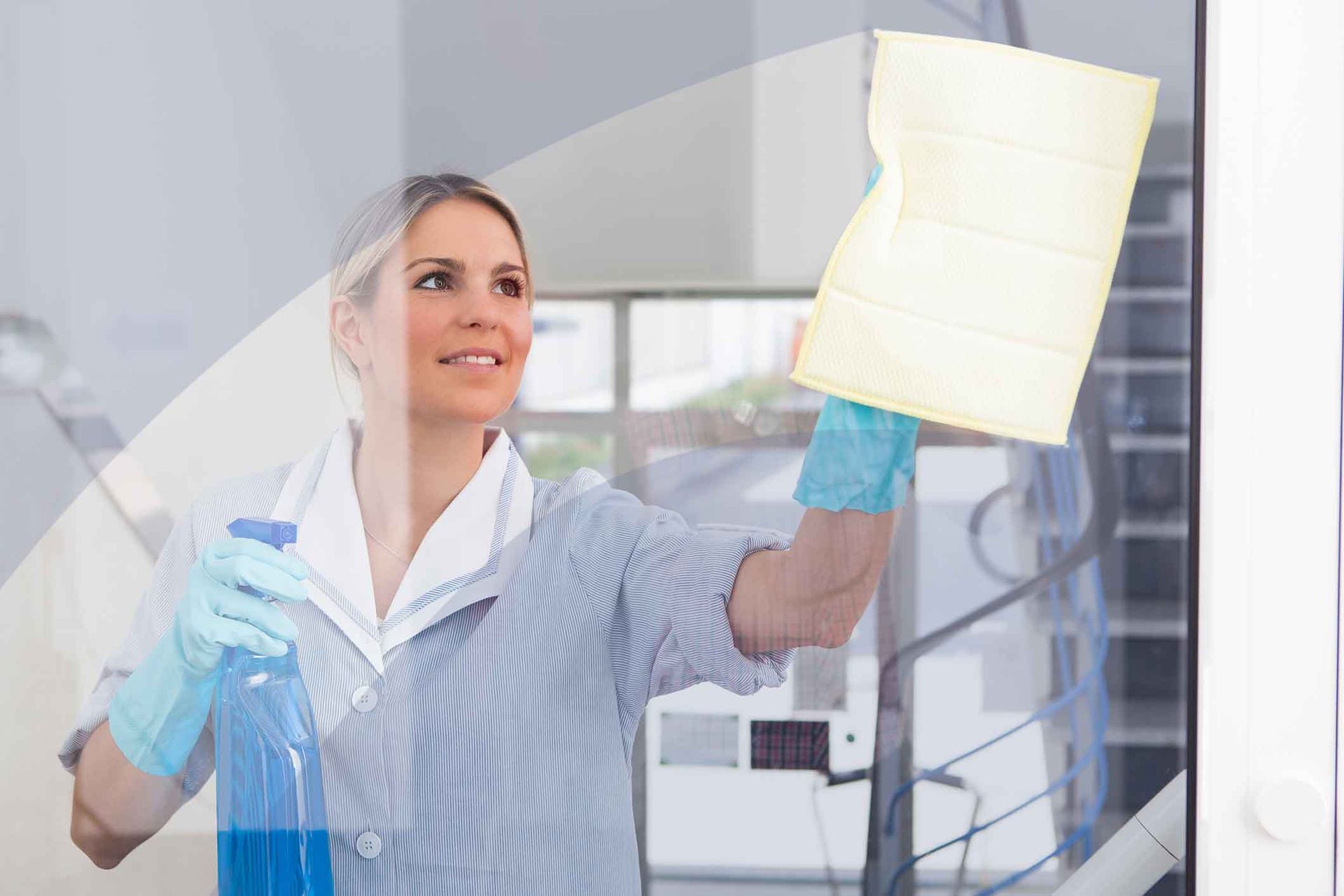 A woman is cleaning a window with a cloth and spray bottle.