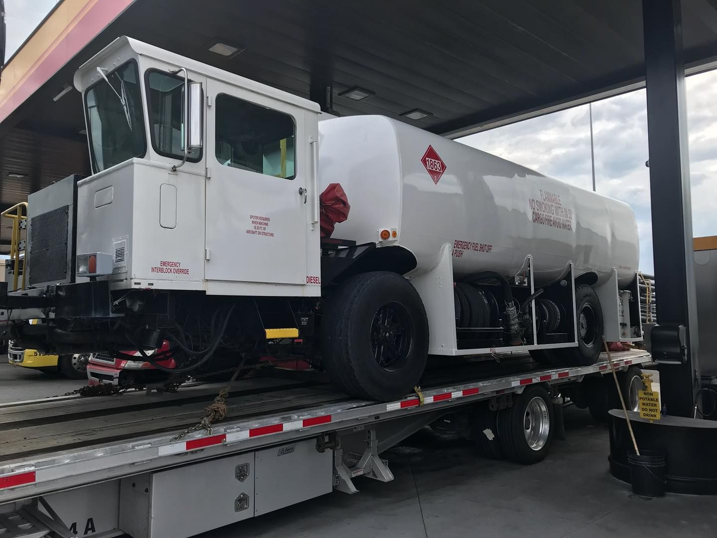 White fuel tanker truck on a flatbed trailer at a gas station, under a canopy.