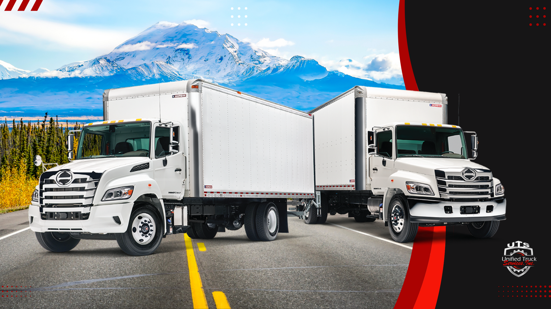Two white trucks are parked on the side of a road.