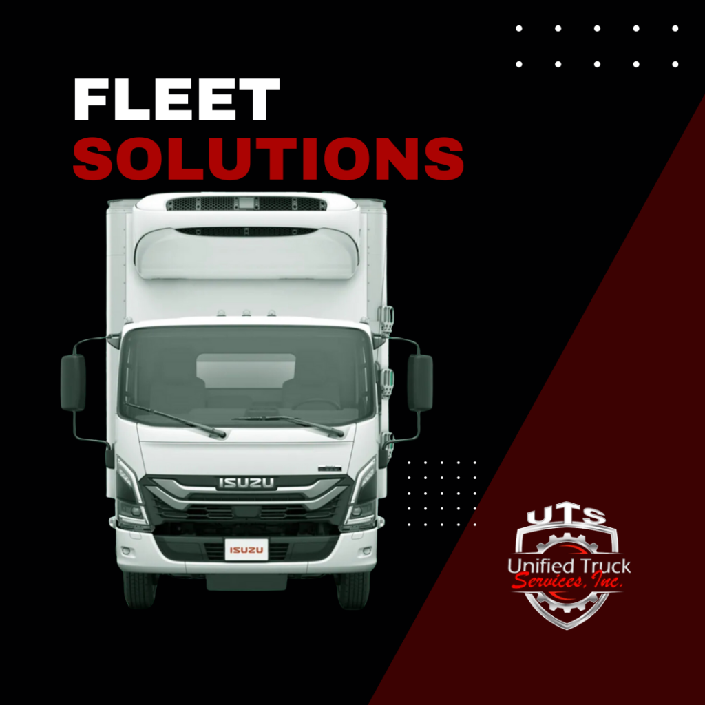 A fleet solutions advertisement with a white truck on a black background.