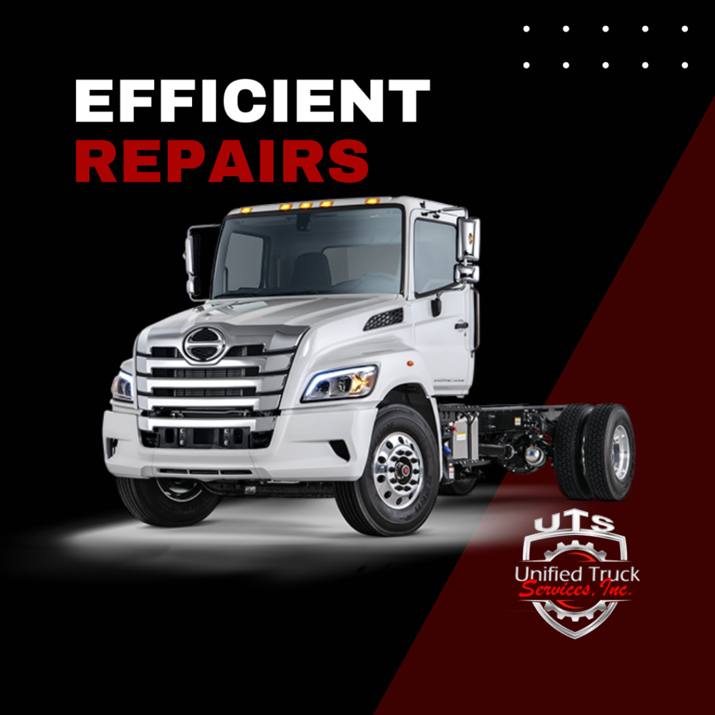 A white truck with the words `` efficient repairs '' written on it.
