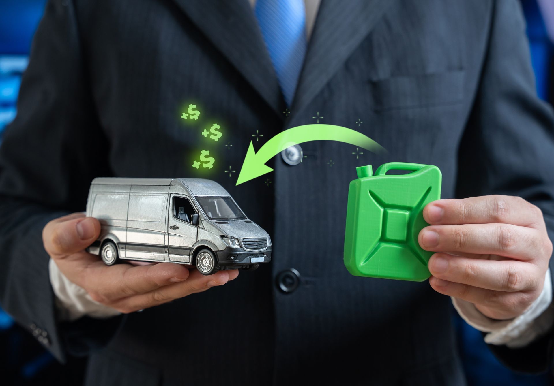 Man holding toy van and green fuel can, money moving to the can via arrow.