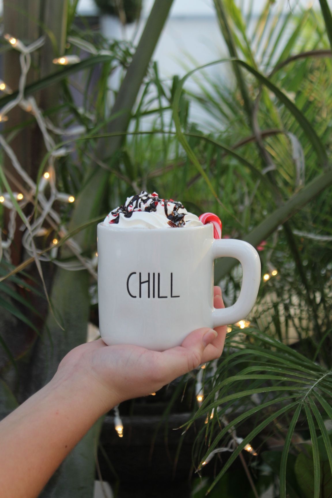 Iced coffee with whipped cream, cookie, and straw on a wooden tray against a black backdrop.