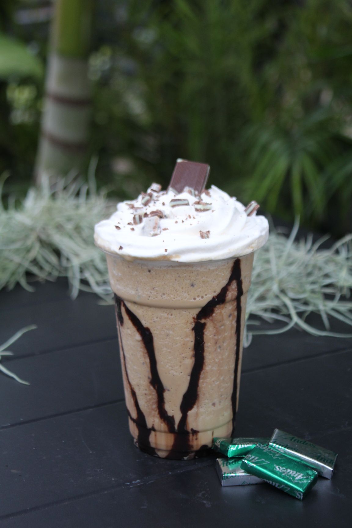 Iced coffee in a clear plastic cup topped with a cream topping and crumbs on a white background.