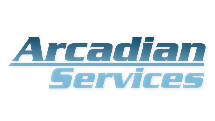 Arcadian Services logo in blue gradient text over a light blue gradient horizontal line.