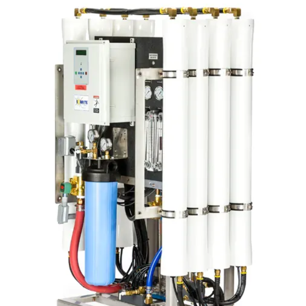 Water purification system with white filters, blue canister, and control panel.