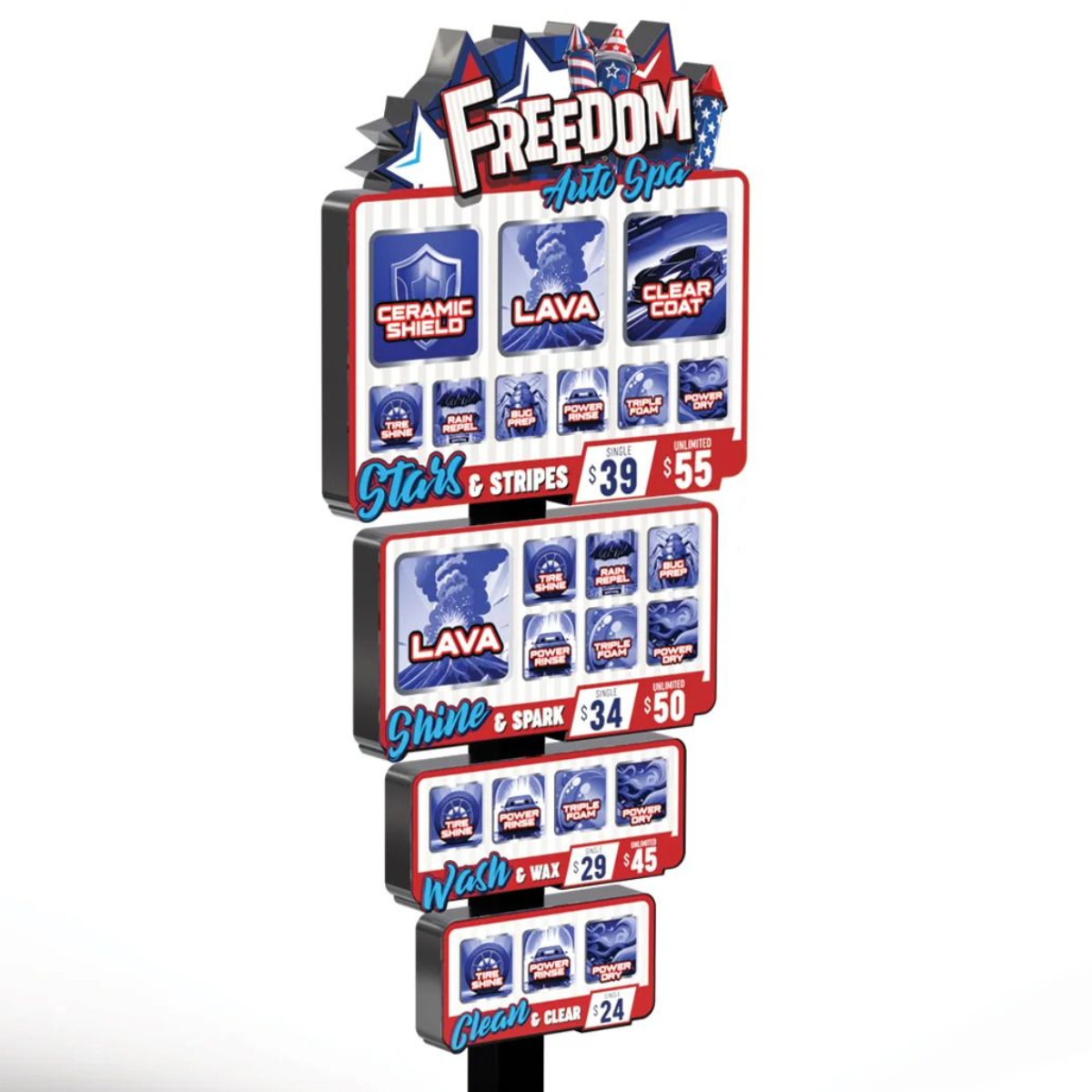 Freedom Auto Spa menu sign, red, white, and blue, with car wash packages and pricing.