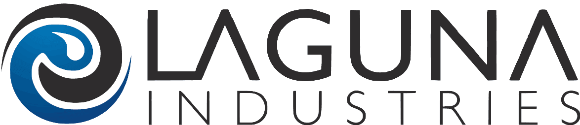 Logo for Laguna Industries, with a swirling blue and black design and text.