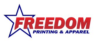 Logo for Freedom Printing & Apparel with a red text on white with a blue star and text.