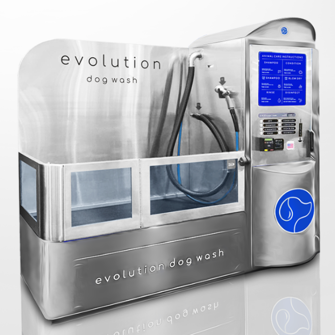 Stainless steel self-serve Evolution Dog Wash station with touchscreen, hose, and blue logo.