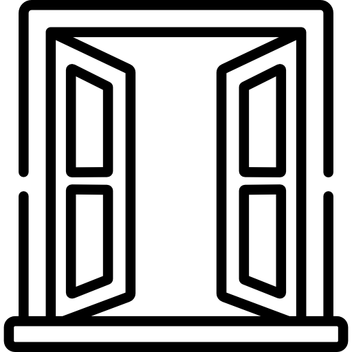 Un disegno in bianco e nero di una finestra aperta.