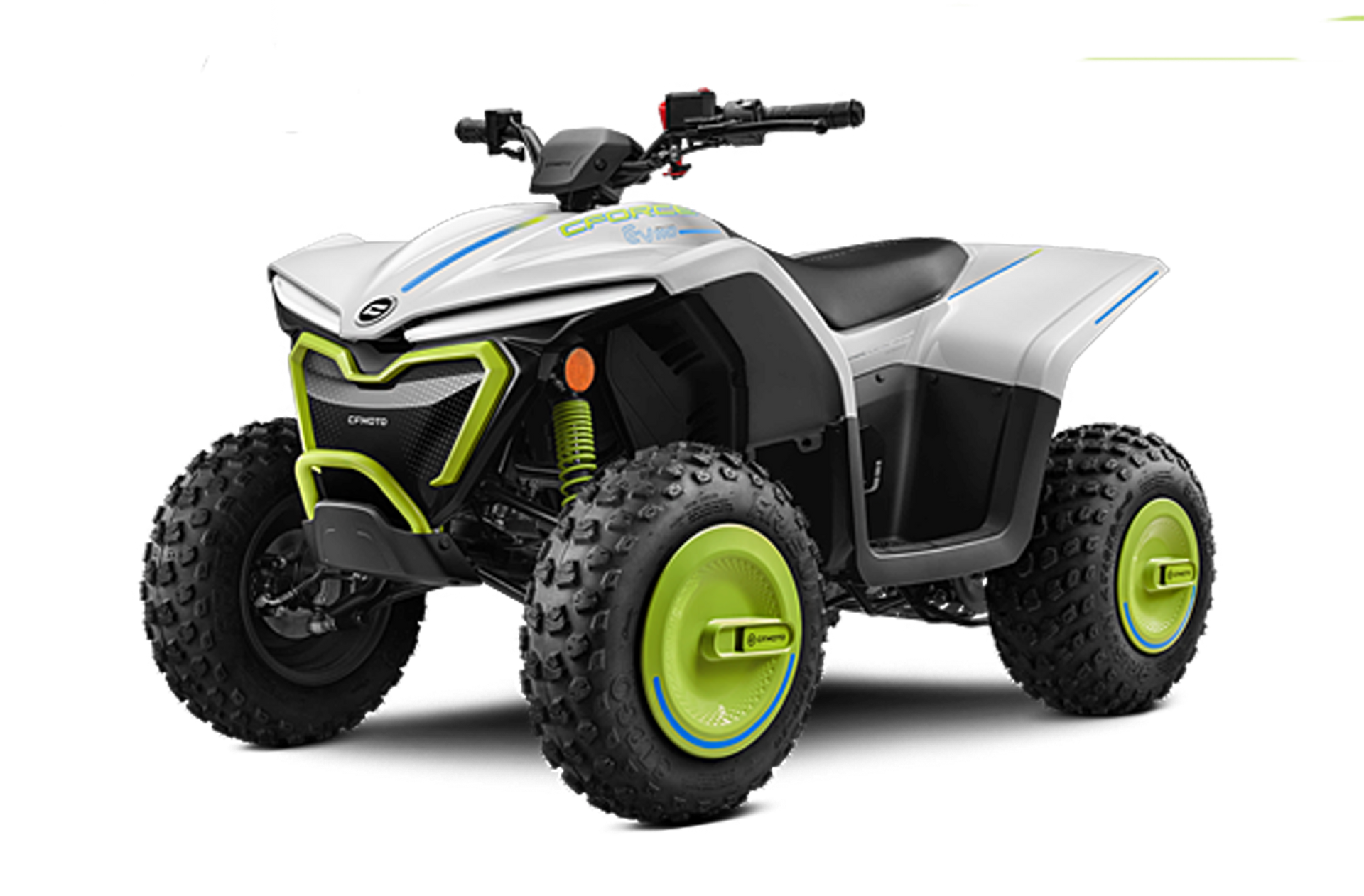 ATV elettrico bianco e nero con dettagli e pneumatici verde neon, all'aperto.