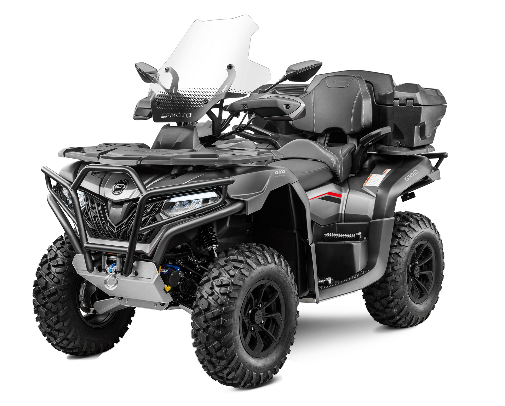 ATV grigio scuro con pneumatici grandi, parabrezza e vani portaoggetti.