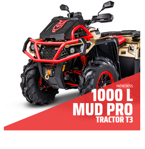 ATV color oro e nero con dettagli rossi, pneumatici da fango e scritta 