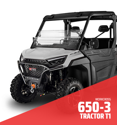 Trattore Workcross 650-3 grigio e nero, modello T1, con parabrezza, roll-bar e verricello, su sfondo bianco.