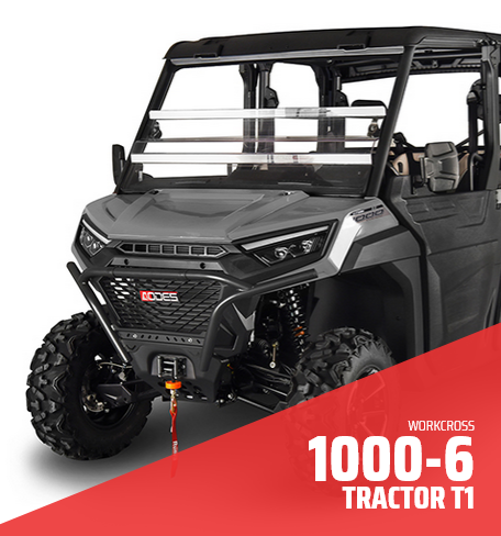 Veicolo utilitario grigio, trattore Workcross 1000-6 T1, su sfondo bianco con striscione rosso in basso.