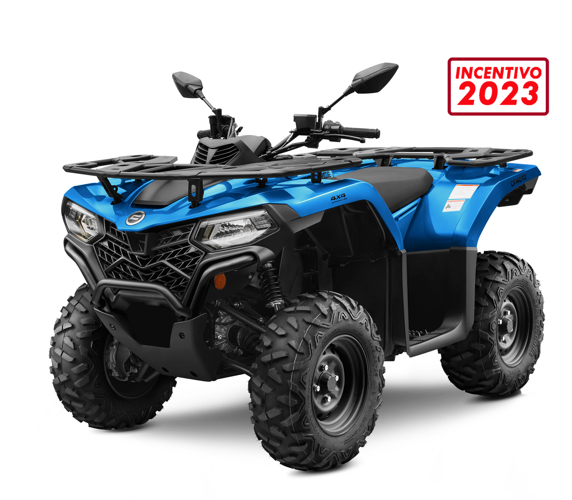 Quad blu con pneumatici neri e portapacchi; etichetta Incentive 2023.