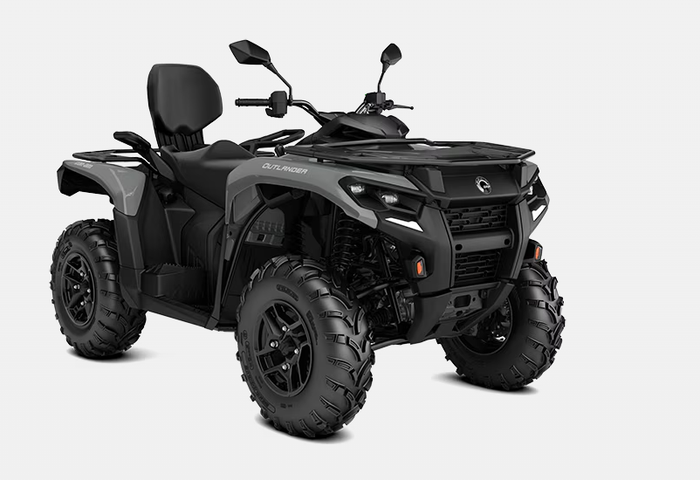 ATV grigio e nero con pneumatici di grandi dimensioni su sfondo bianco.