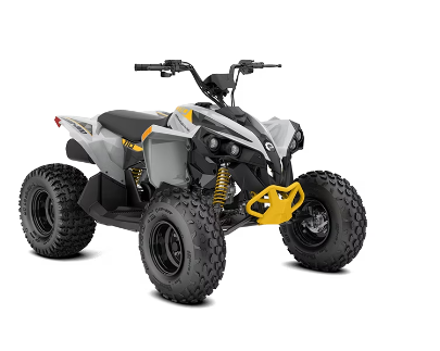 ATV grigio e giallo con ruote e manubrio neri.