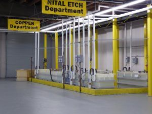 Factory floor with labeled departments: Copper and Nital Etch, containing tanks with pipes and machinery.
