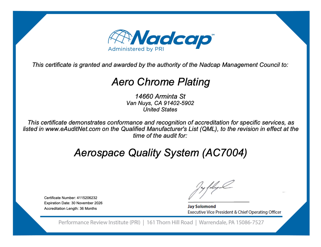 Nadcap certificate for Aero Chrome Plating, blue border, indicating Aerospace Quality System (AC7004) certification.