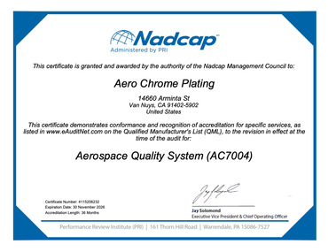Nadcap certificate for Aero Chrome Plating, blue border, indicating Aerospace Quality System (AC7004) certification.