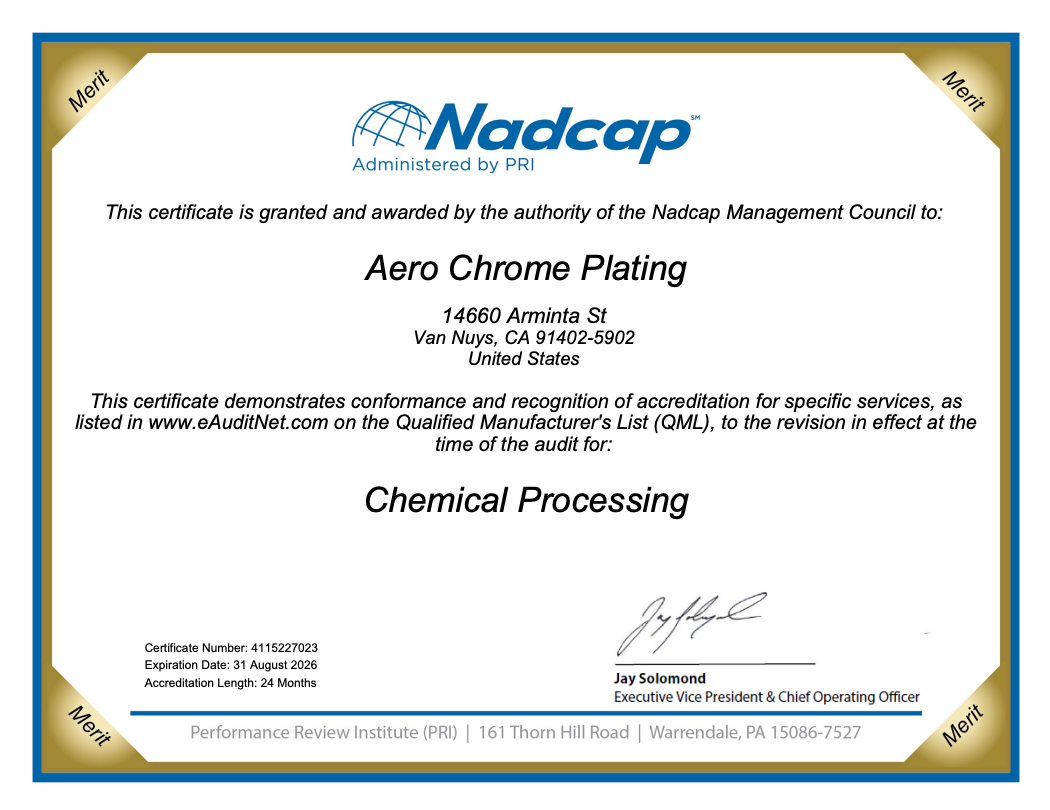 Nadcap certificate for Aero Chrome Plating, confirming accreditation for chemical processing.