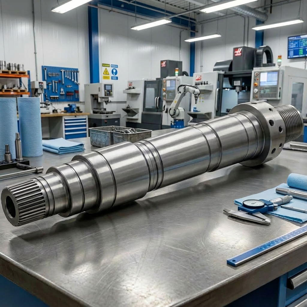 Large machined metal shaft on a workbench in a machine shop.