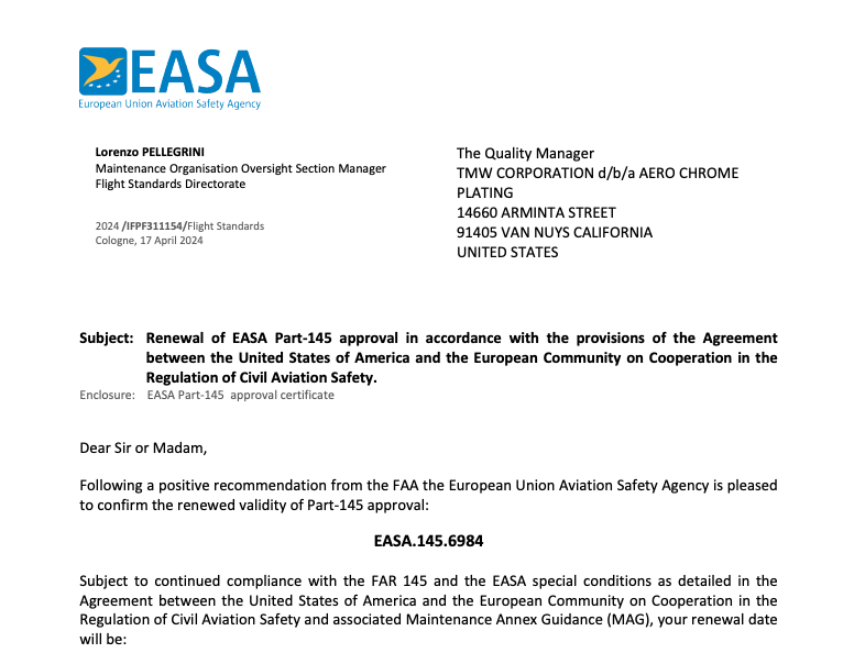 EASA letter: renewal of Part-145 approval. Addressed to BMW Corporation, AERO CHROME PLATING, in the United States.