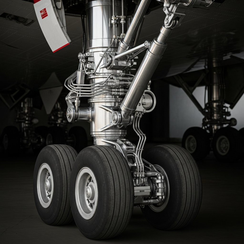 Close-up of a commercial aircraft's landing gear. Shiny metal components, black tires, and dark background.