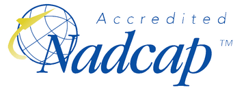 Nadcap accredited logo with globe and curved arrow graphic.