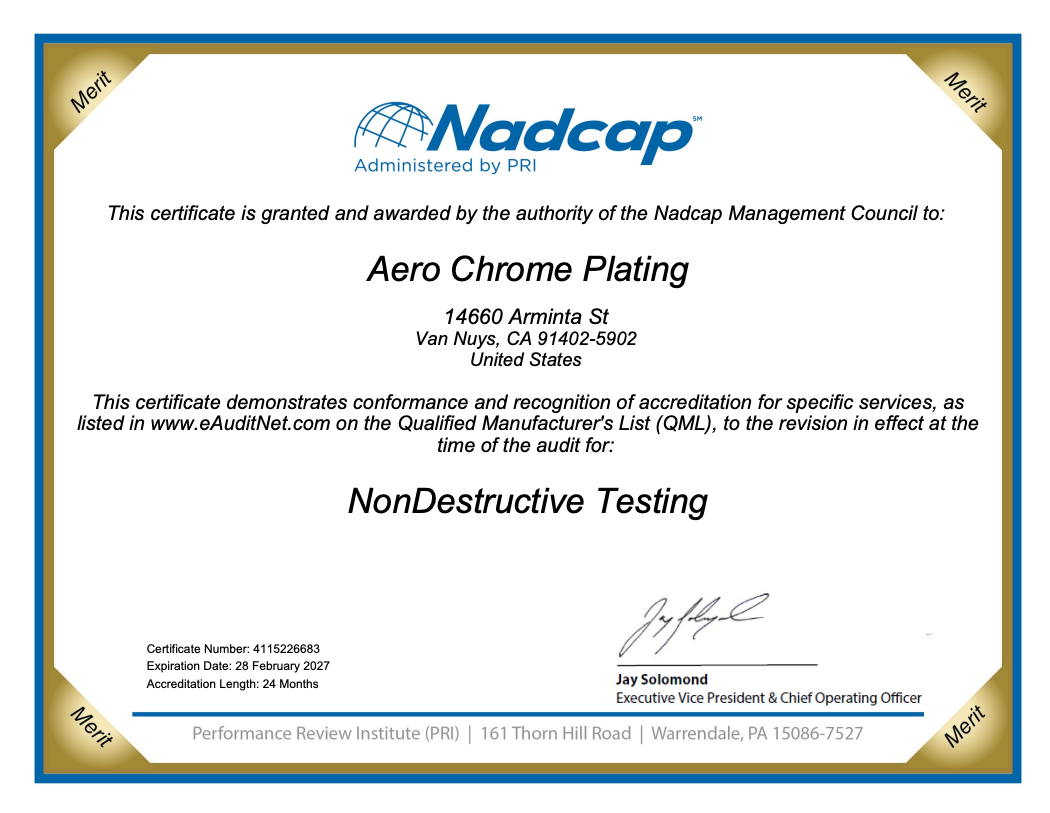 Nadcap certification for Aero Chrome Plating, located in New York, for NonDestructive Testing services.