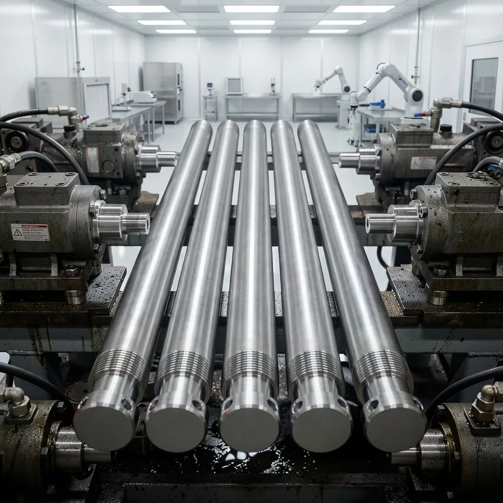 Five metallic cylinders in a machine shop. Cylinders are vertically aligned on machinery. Brightly lit room.