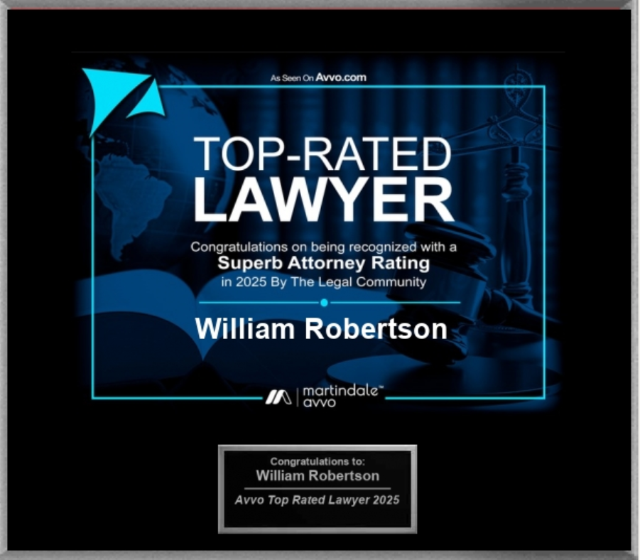 A plaque that says top rated lawyer william robertson