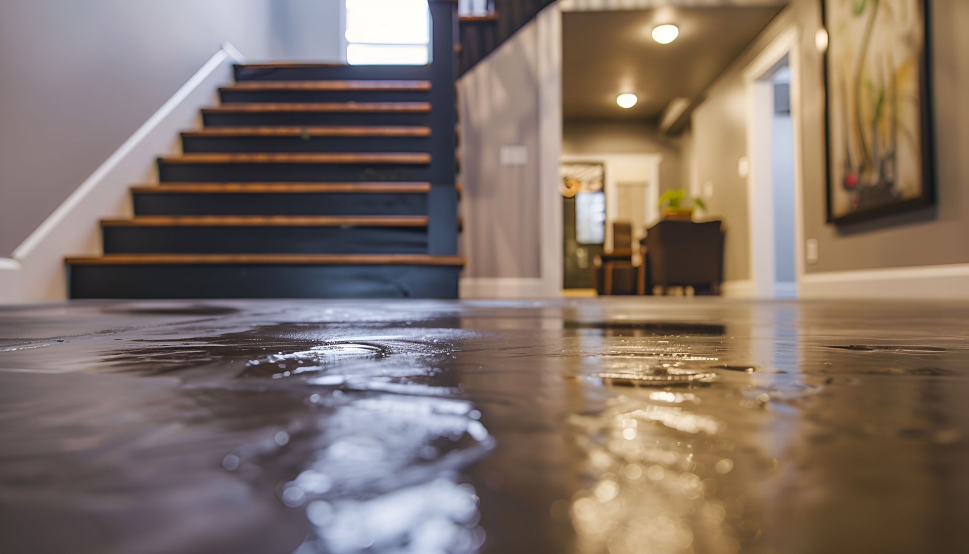A flooded floor in a house with stairs in the background.