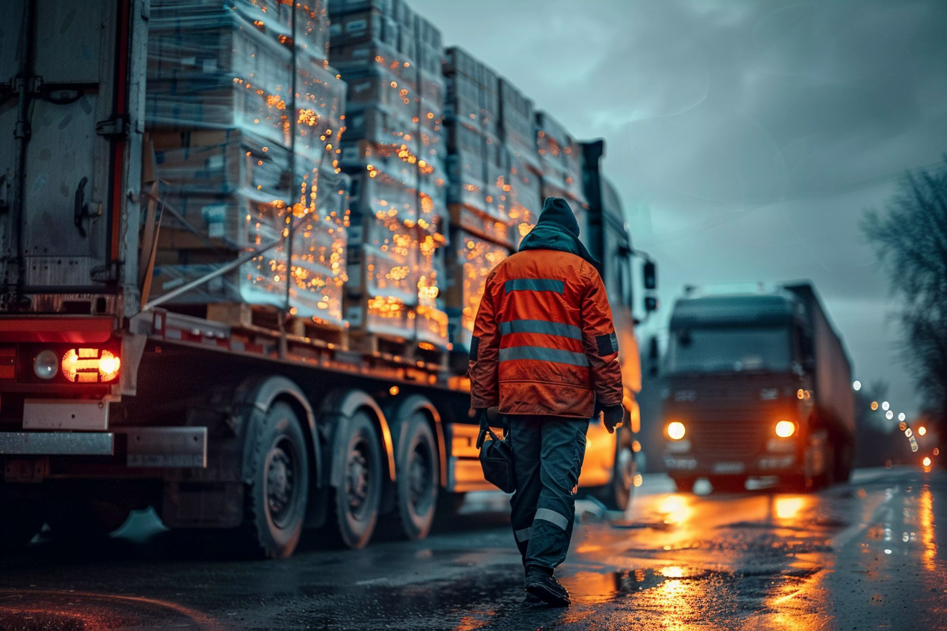 A man is walking towards a truck on a wet road.