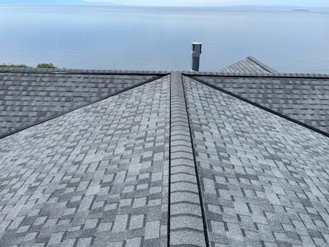 The roof of a house with a view of the ocean.