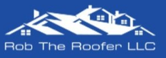The logo for rob the roofer llc is blue and white.