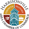 Harrisonville Area Chamber of Commerce logo with a clock tower in a segmented circle with text.