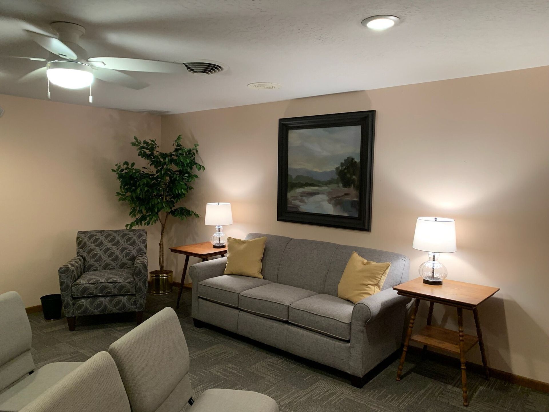 Cozy living room with gray sofa, patterned armchair, artwork, lamps, and a potted tree.