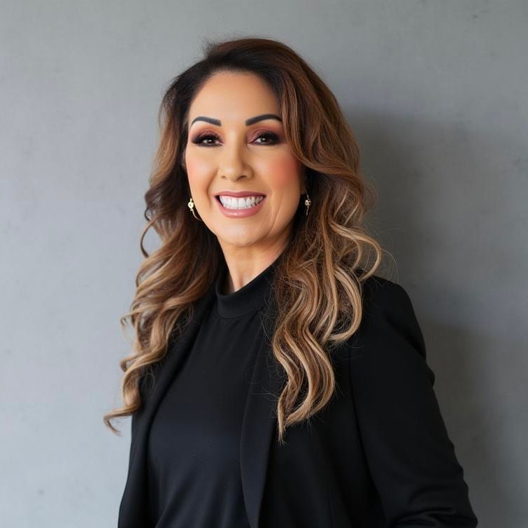 A woman in a black jacket is smiling for the camera