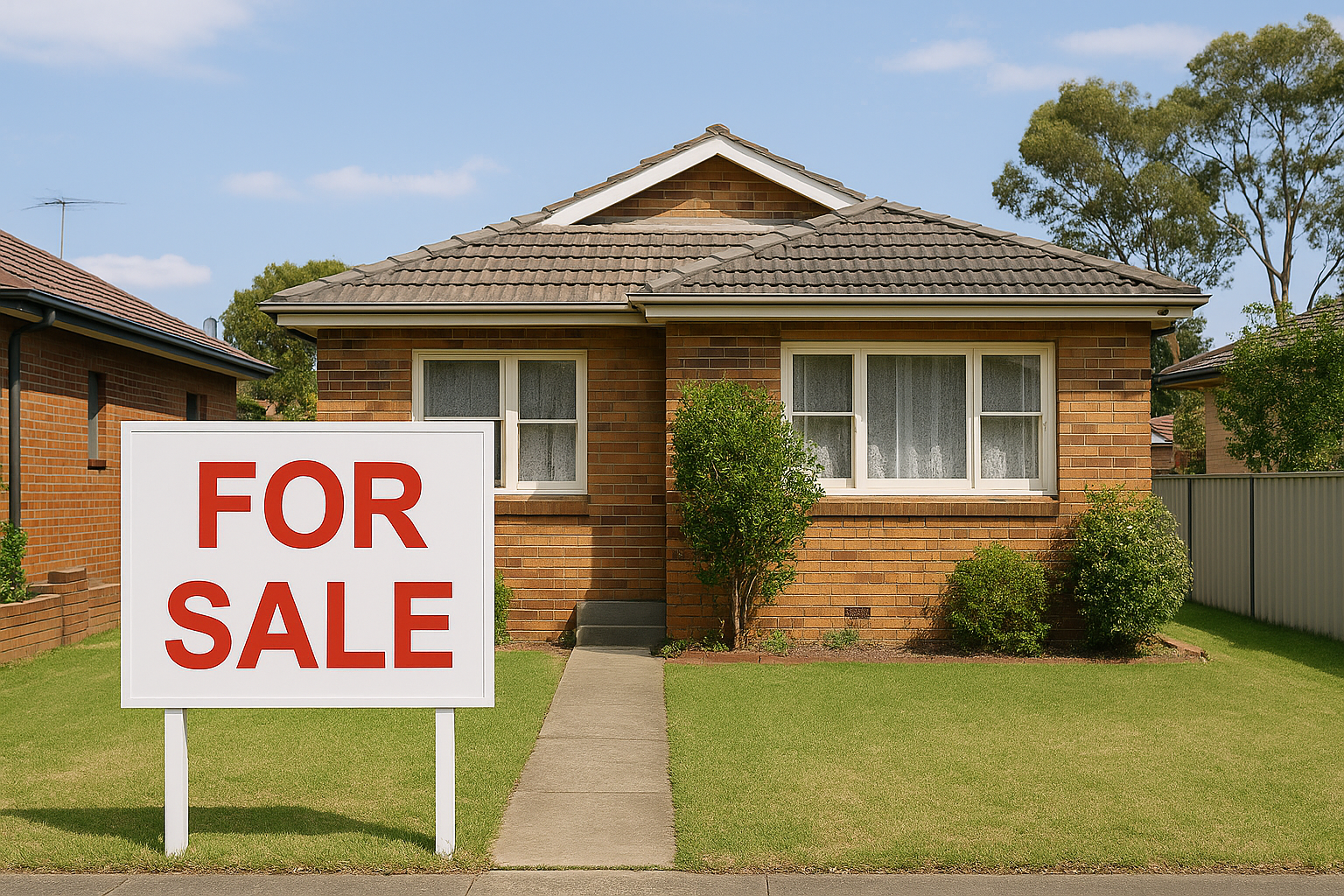 A “For Sale” sign in front of a modest Sydney home