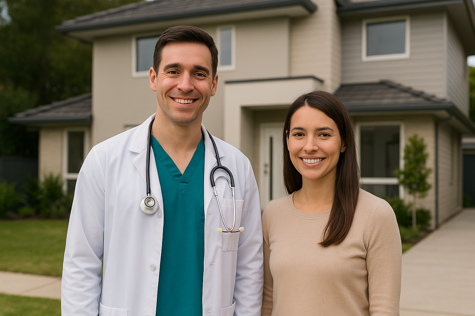 A smiling doctor standing outside a modern home.