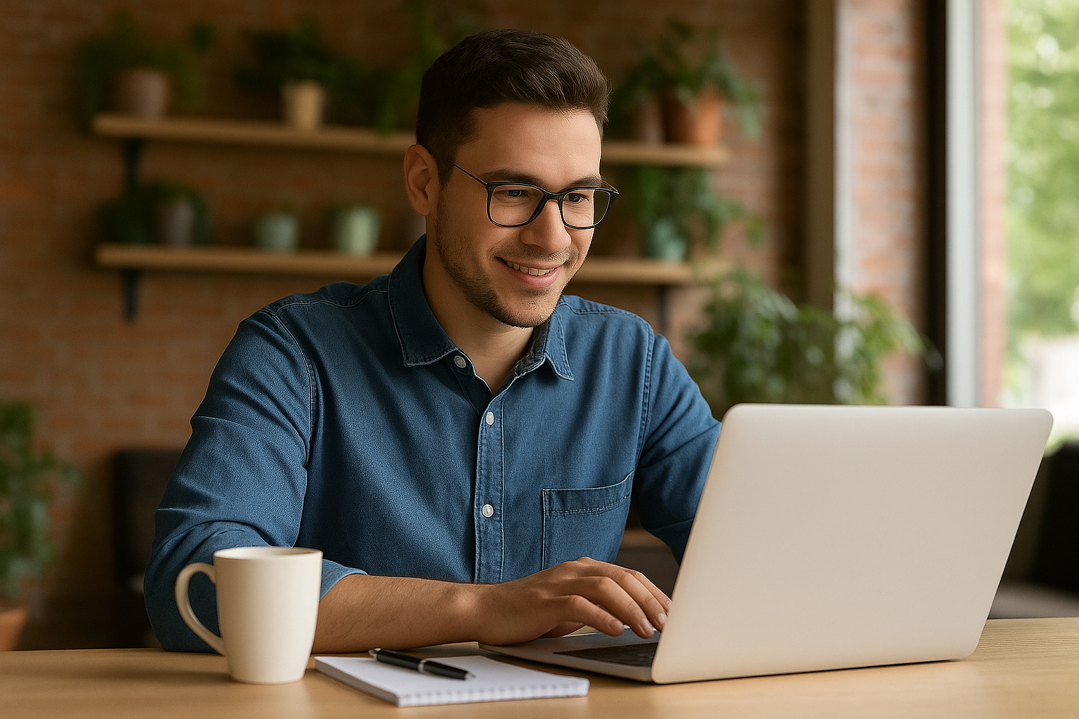 A professional self-employed person working on a laptop at home or in a café.