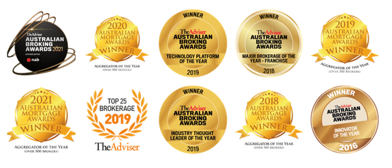 A collection of ten golden award seals from The Adviser Australian Mortgage Awards, representing various industry wins.